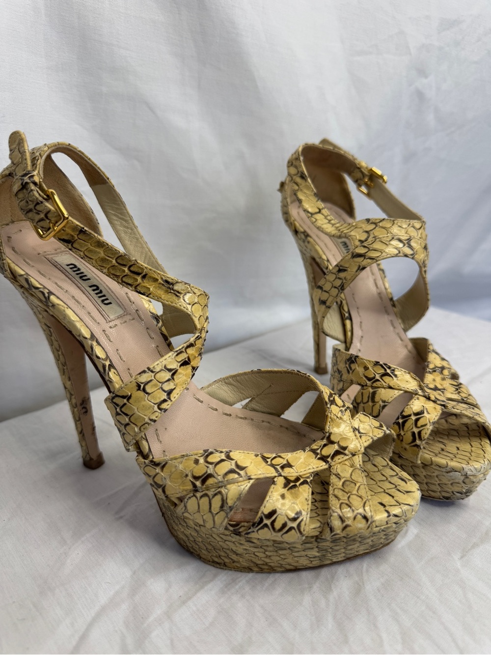 Miu Miu Yellow Snakeskin Platform High-Heel Sandals